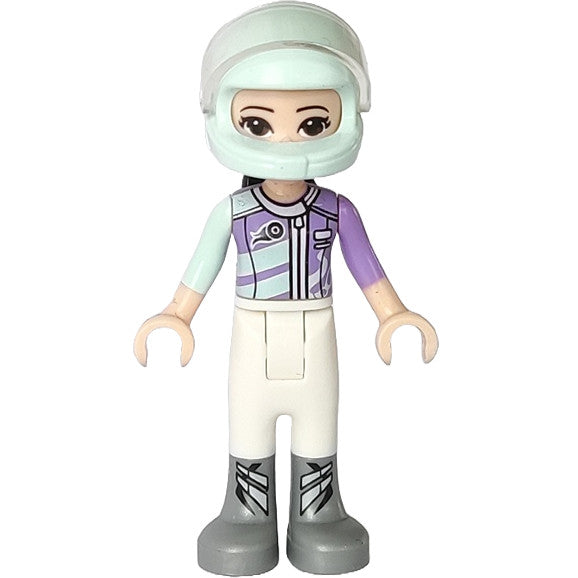 Minifig frnd261 - Friends Emma - White Trousers, Light Aqua and Medium Lavender Racing Jacket, Light Aqua Racing Helmet with Black Ponytail