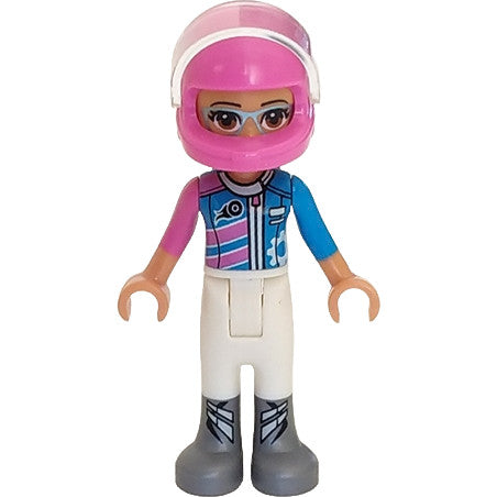 Minifig frnd268 - Friends Olivia (Nougat) - White Trousers, Dark Pink and Dark Azure Racing Jacket, Dark Pink Racing Helmet with Reddish Brown Ponytail