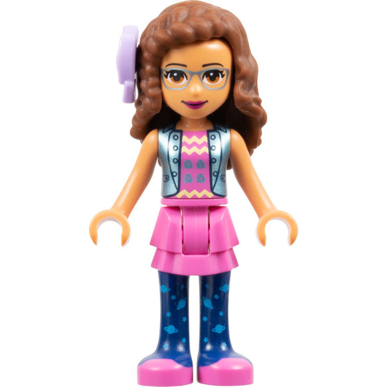 Minifig frnd332 - Friends Olivia (Nougat) - Dark Pink Skirt and Dark Blue Leggings, Dark Pink Top, Blue Jacket, Bow