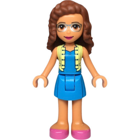 Minifig frnd351 - Friends Olivia (Nougat) - Dark Azure Skirt and Top with Bright Light Yellow Vest, Dark Pink Shoes