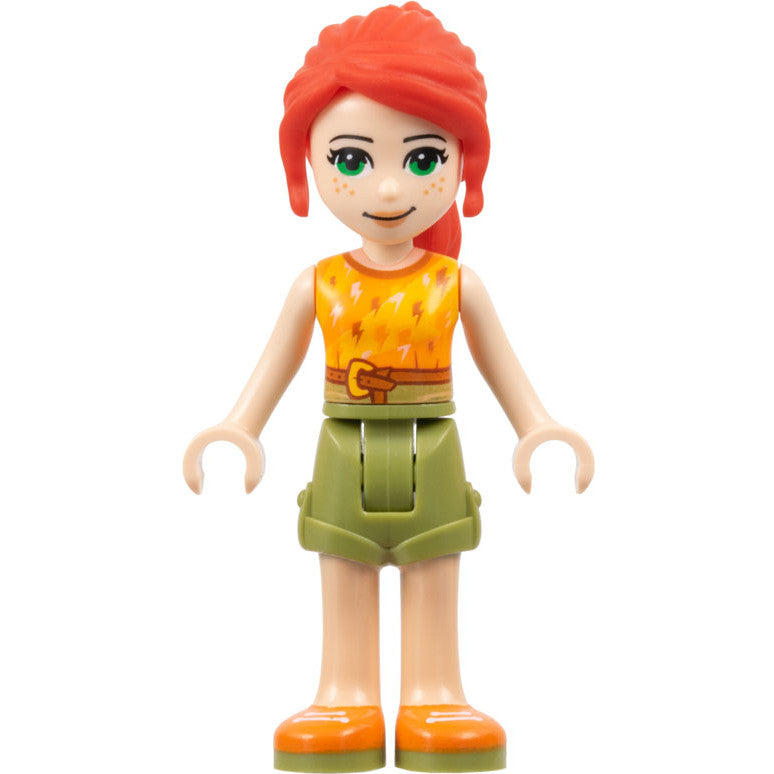 Minifig frnd352 - Friends Mia - Olive Green Shorts, Orange and Bright Light Orange Top with Lightning Bolts, Orange Shoes