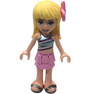 Minifig frnd381 - Friends Stephanie - Bright Pink Layered Skirt, Metallic Light Blue Swimsuit Top, Pearl Dark Gray Sandals, Flower