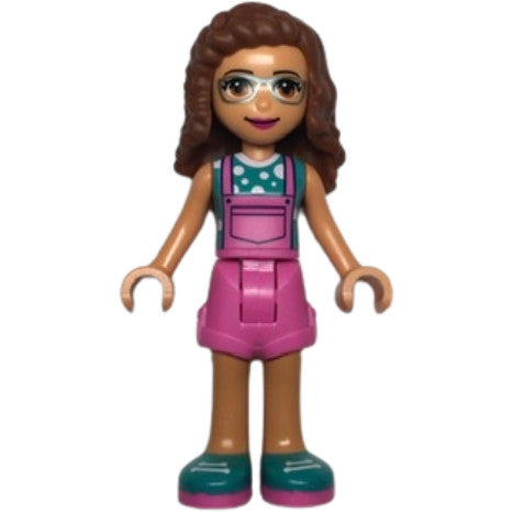 Minifig frnd496 - Friends Olivia (Nougat) - Dark Pink Overalls, Dark Turquoise Top