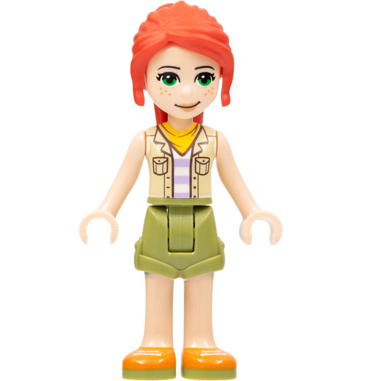 Minifig frnd527 - Friends Mia - Olive Green Shorts, Orange Shoes, Tan Vest, Bright Light Orange Scarf