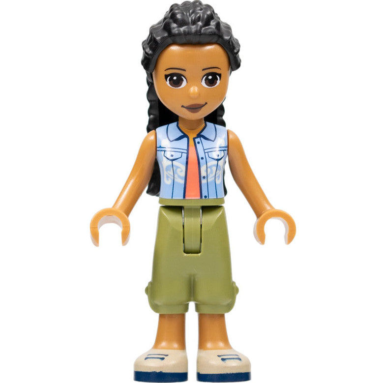 Minifig frnd528 - Friends Dr. Makena - Olive Green Trousers, Tan Shoes, Bright Light Blue Vest over Coral Shirt