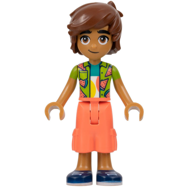 Minifig frnd579 - Friends Leo - Lime Watermelon Shirt, Coral Trousers Cropped Large Pockets, Dark Blue Shoes