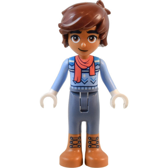 Minifig frnd668 - Friends Leo - Bright Light Blue Sweater, Coral Scarf, Sand Blue Trousers, Medium Nougat Boots