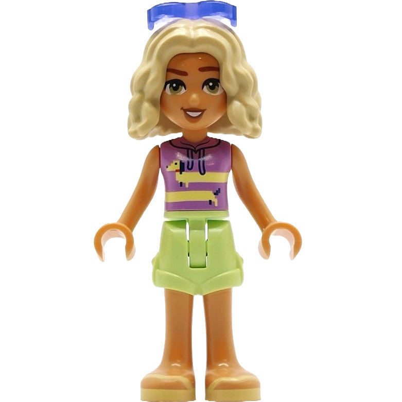 Minifig frnd772 - Friends Nova - Medium Lavender Sleeveless Hoodie with Dachshund, Yellowish Green Shorts, Bright Light Yellow Sandals, Glasses