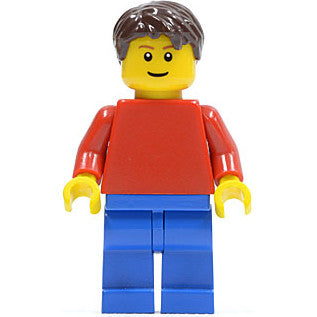 Minifig game008 - Plain Red Torso with Red Arms, Blue Legs, Dark Brown Short Tousled Hair