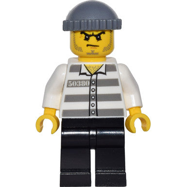 Minifig game009 - Police - Jail Prisoner 50380 Prison Stripes, Black Legs, Dark Bluish Gray Knit Cap, Beard Stubble and Scowl