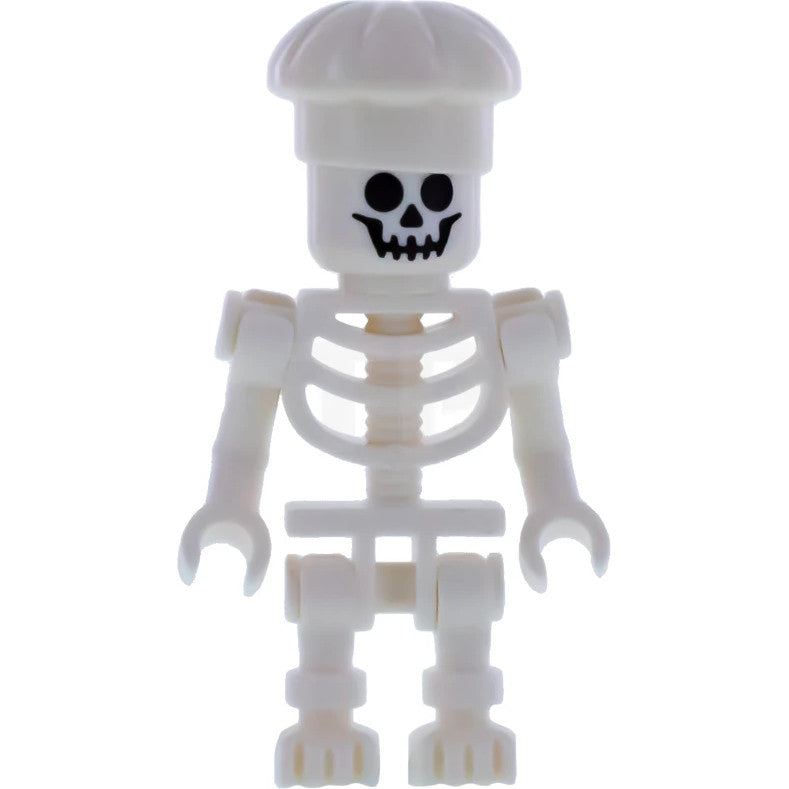 Minifig gen134 - Skeleton - Standard Skull, Bent Arms Vertical Grip, White Chef Toque