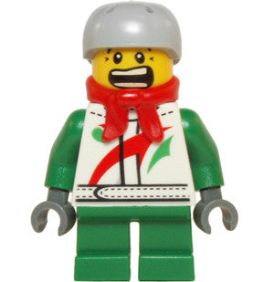 Minifig hol070b - Octan - Jacket with Red and Green Stripe, Green Short Legs, Red Bandana, Helmet Sports with Vent Holes, Black Eye Corner Crinkles