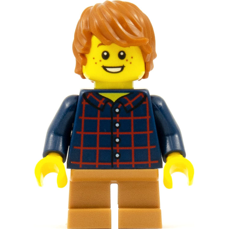 Minifig hol088 - Child - Boy, Dark Blue Plaid Button Shirt, Medium Nougat Short Legs, Dark Orange Tousled Hair, Freckles