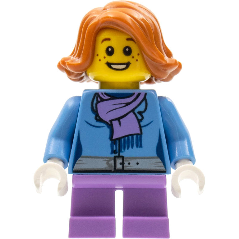 Minifig hol097 - Christmas Train Ride Passenger - Medium Blue Jacket with Light Purple Scarf, Short Legs