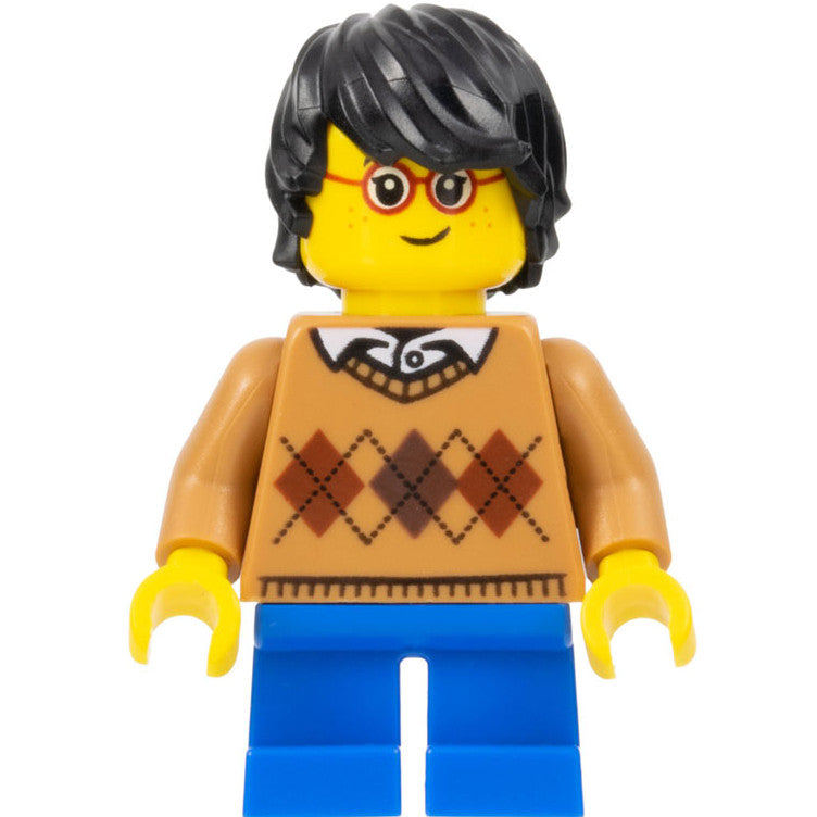 Minifig hol104 - Child - Boy, Medium Nougat Argyle Sweater, Blue Short Legs, Black Tousled Hair, Glasses, Freckles