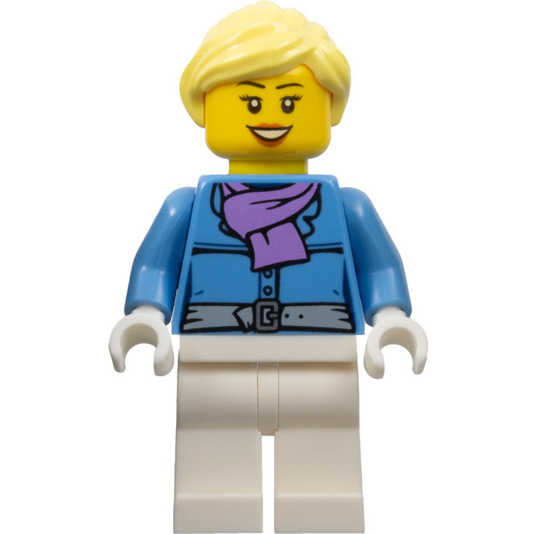 Minifig hol126 - Female, Jacket with Medium Lavender Scarf, White Legs, Bright Light Yellow Ponytail, Open Mouth Smile