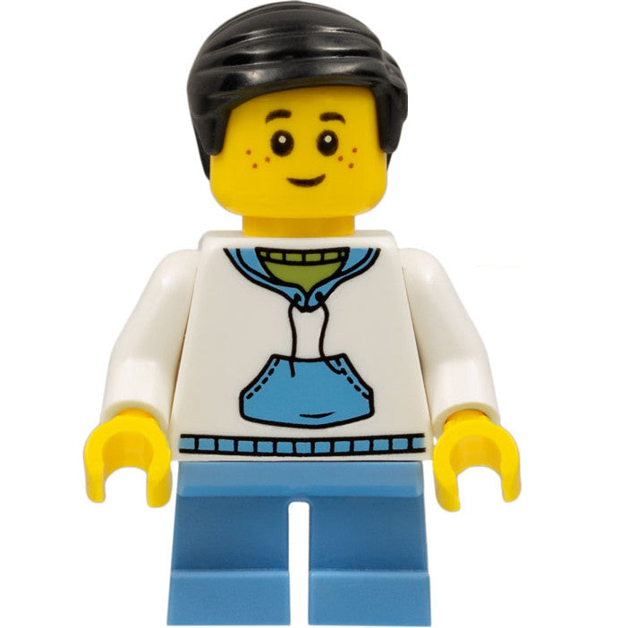 Minifig hol146 - Child - Boy, White Hoodie with Medium Blue Pocket, Medium Blue Short Legs, Black Hair, Freckles