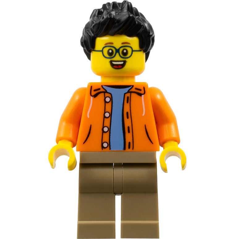 Minifig hol185 - Man, Black Spiky Hair, Glasses, Orange Jacket, Sand Blue Shirt, Dark Tan Legs