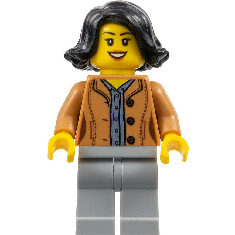 Minifig hol188 - Woman, Black Hair, Medium Nougat Jacket, Dark Bluish Gray Shirt, Light Bluish Gray Legs