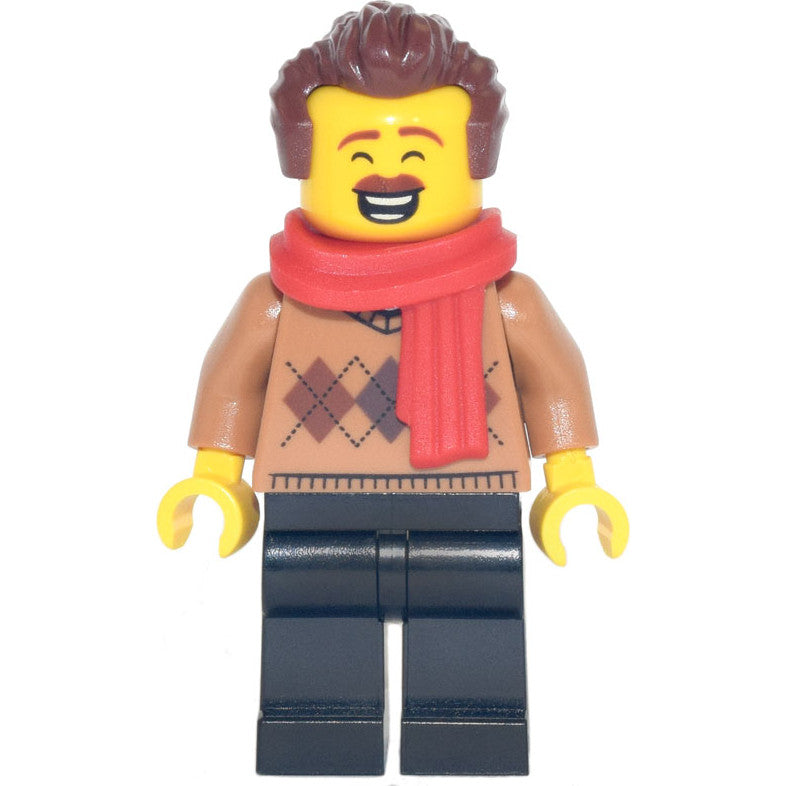 Minifig hol254 - Dad - Medium Nougat Argyle Sweater, Red Scarf, Black Legs, Reddish Brown Hair