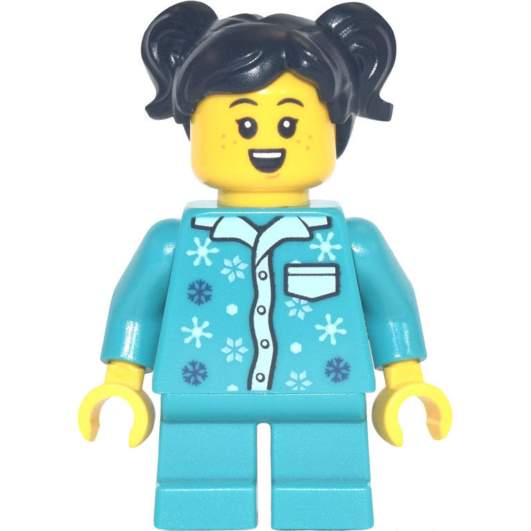 Minifig hol256 - Girl - Dark Turquoise Pajamas, Dark Turquoise Short Legs, Black Pigtails
