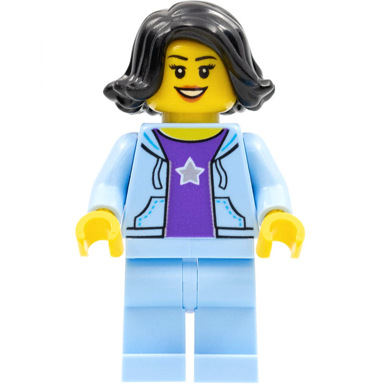 Minifig hol261 - Woman, Black Hair, Bright Light Blue Jacket, Dark Purple Star Shirt, Bright Light Blue Legs