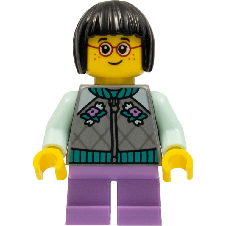 Minifig hol262 - Child - Girl, Flat Silver Jacket, Medium Lavender Short Legs, Black Short Hair, Glasses, Freckles