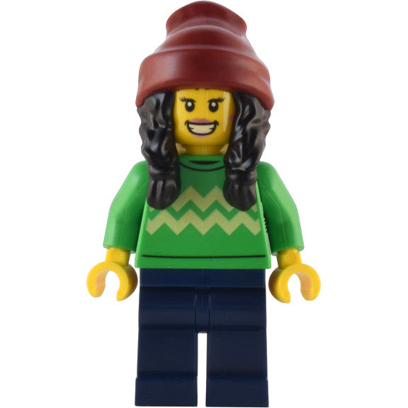 Minifig hol286 - Holiday Shopper - Female, Bright Green Sweater with Bright Light Yellow Zigzag Lines, Dark Blue Legs, Dark Red Beanie with Black Hair