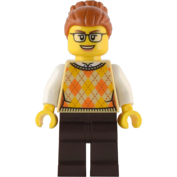 Minifig hol291 - Santa's Toys and Games Store Owner - Female, Tan Knit Argyle Sweater Vest, Dark Brown Legs, Dark Orange Hair with Bun, Glasses