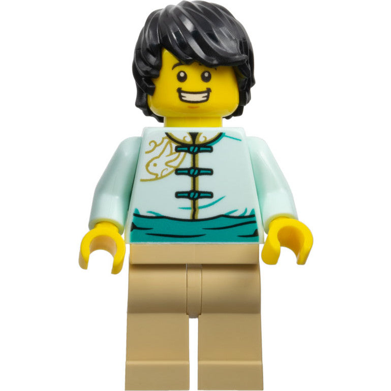 Minifig hol305 - Lunar New Year Parade Participant - Male, Light Aqua Tang Jacket, Tan Legs, Black Hair