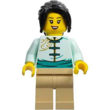 Minifig hol306 - Lunar New Year Parade Participant - Female, Light Aqua Tang Jacket, Tan Legs, Black Hair