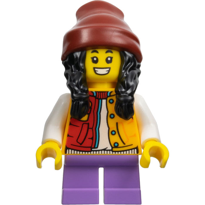 Minifig hol308 - Child - Girl, Red and Bright Light Orange Jacket, Medium Lavender Short Legs, Dark Red Beanie with Black Hair