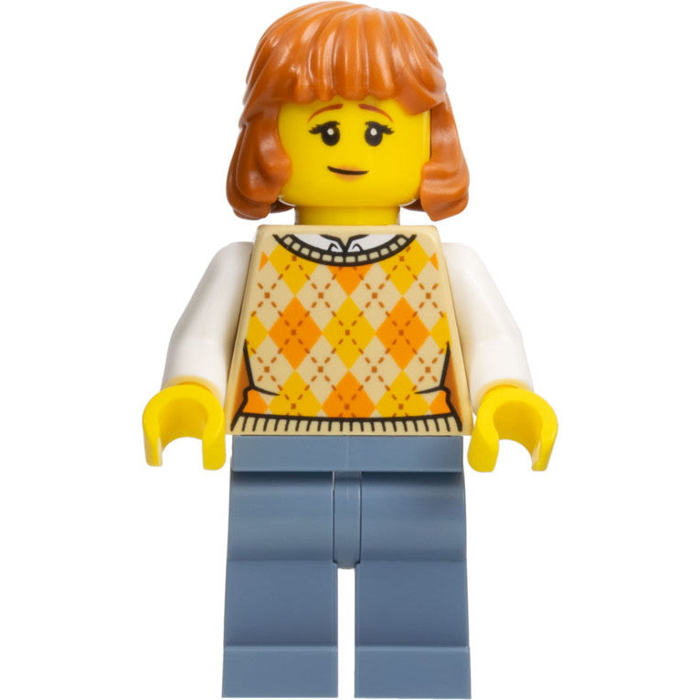 Minifig hol311 - Lunar New Year Parade Spectator - Female, Tan Knit Argyle Sweater Vest, Sand Blue Legs, Dark Orange Hair