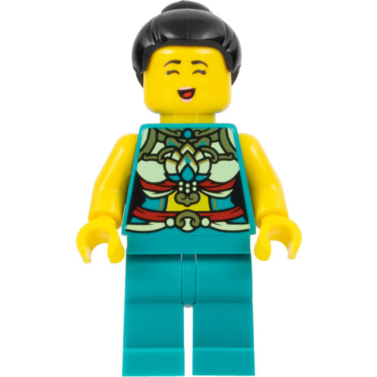 Minifig hol312 - Lunar New Year Parade Participant - Musician, Female, Ornate Dark Turquoise Costume, Black Bun, Singing Face