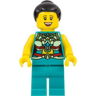 Minifig hol313 - Lunar New Year Parade Participant - Musician, Female, Ornate Dark Turquoise Costume, Black Bun, Large Smile