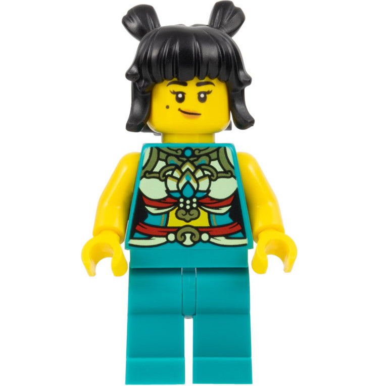 Minifig hol315 - Lunar New Year Parade Participant - Musician, Female, Ornate Dark Turquoise Costume, Black Space Buns