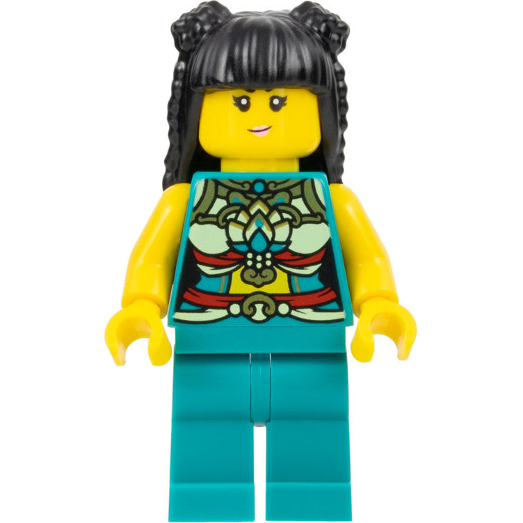 Minifig hol316 - Lunar New Year Parade Participant - Musician, Female, Ornate Dark Turquoise Costume, Black Long Hair