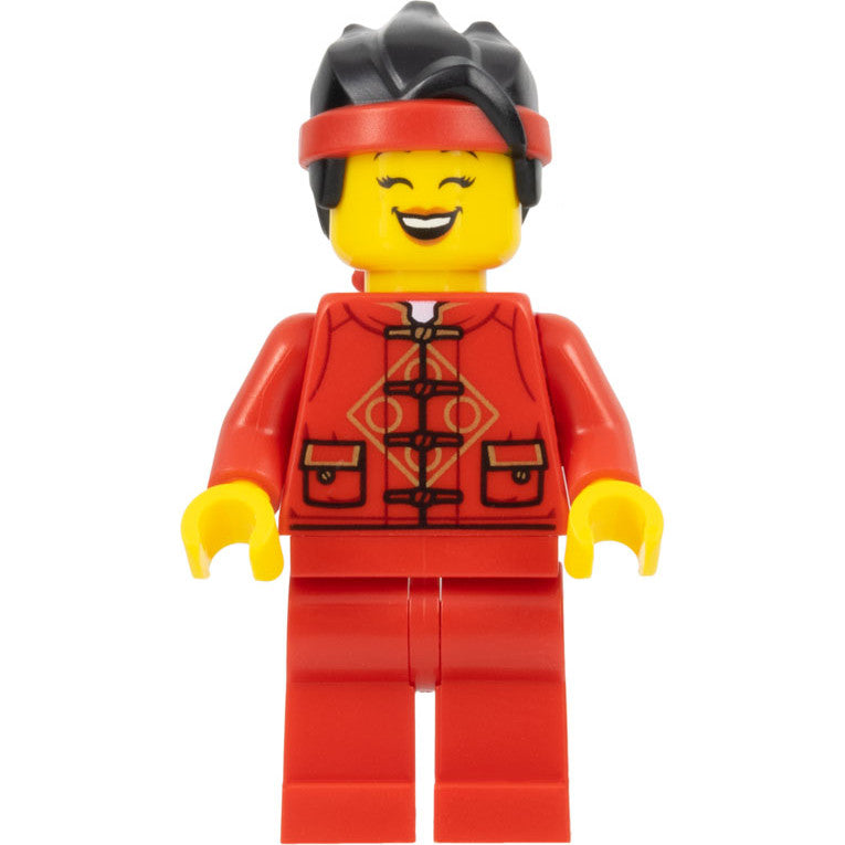 Minifig hol318 - Lunar New Year Parade Participant - Female, Red Tang Jacket, Red Legs, Black Hair with Red Headband