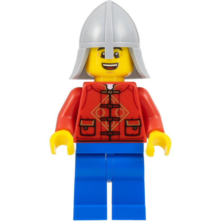 Minifig hol322 - Lunar New Year Parade Participant - Male, Red Tang Shirt, Blue Legs, Castle Guard Helmet with Neck Protector