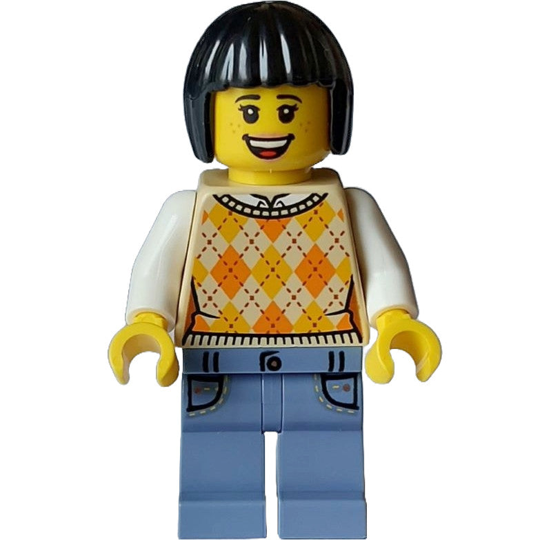 Minifig hol329 - Tourist - Female, Tan Knit Argyle Sweater Vest, Sand Blue Legs with Pockets, Black Bob Cut Hair, Freckles