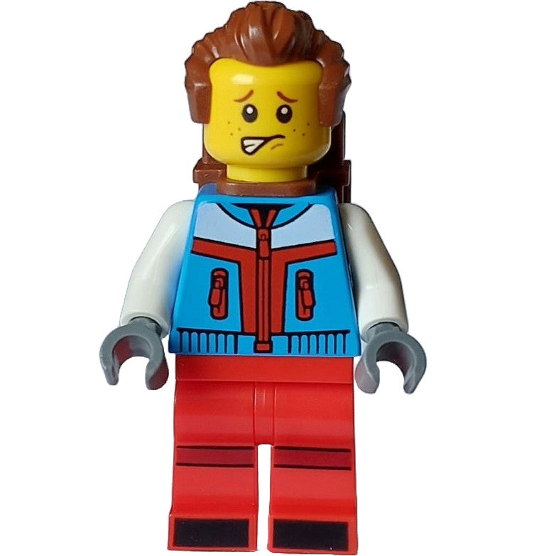 Minifig hol330 - Tourist - Male, Dark Azure Jacket, Red Legs with Dark Red Stripes on Knees, Reddish Brown Swept Back Hair, Freckles, Backpack