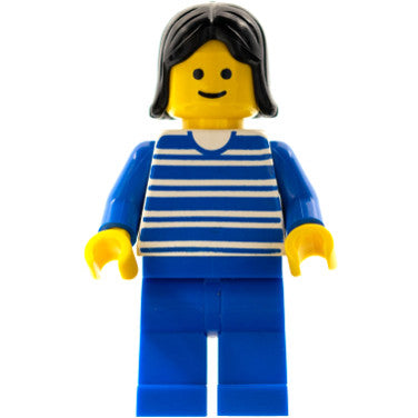 Minifig hor002 - Horizontal Lines Blue - Blue Arms - Blue Legs, Black Female Hair