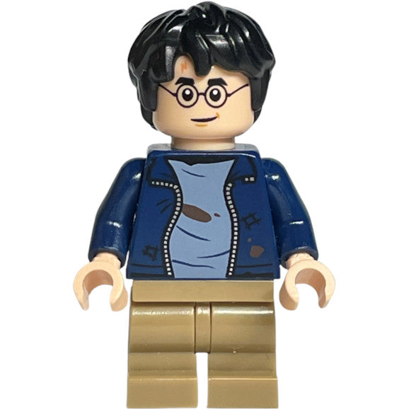 Minifig hp326 - Harry Potter - Dark Blue Open Jacket with Tears and Blood Stains, Plain Arms, Dark Tan Medium Legs, Smile / Angry Mouth