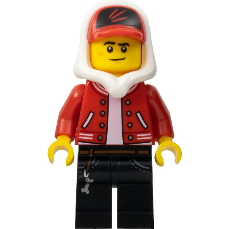 Minifig hs018 - Jack Davids - Red Jacket with Cap and Hood (Lopsided Smile / Scared)