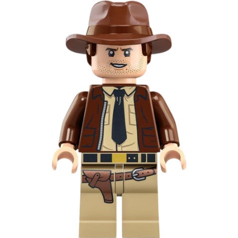 Minifig iaj046 - Indiana Jones - Dark Brown Jacket, Black Tie, Reddish Brown Dual Molded Hat with Hair, Light Nougat Hands