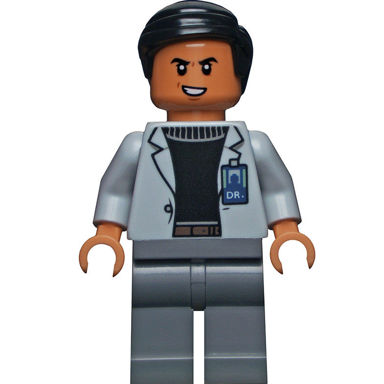 Minifig jw068 - Dr. Henry Wu - Light Bluish Gray Jacket, Evil Smile / Scared