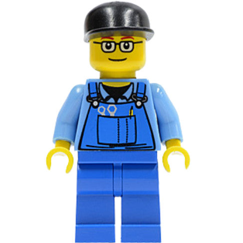 Minifig ovr039 - Overalls with Tools in Pocket Blue, Black Cap, Glasses