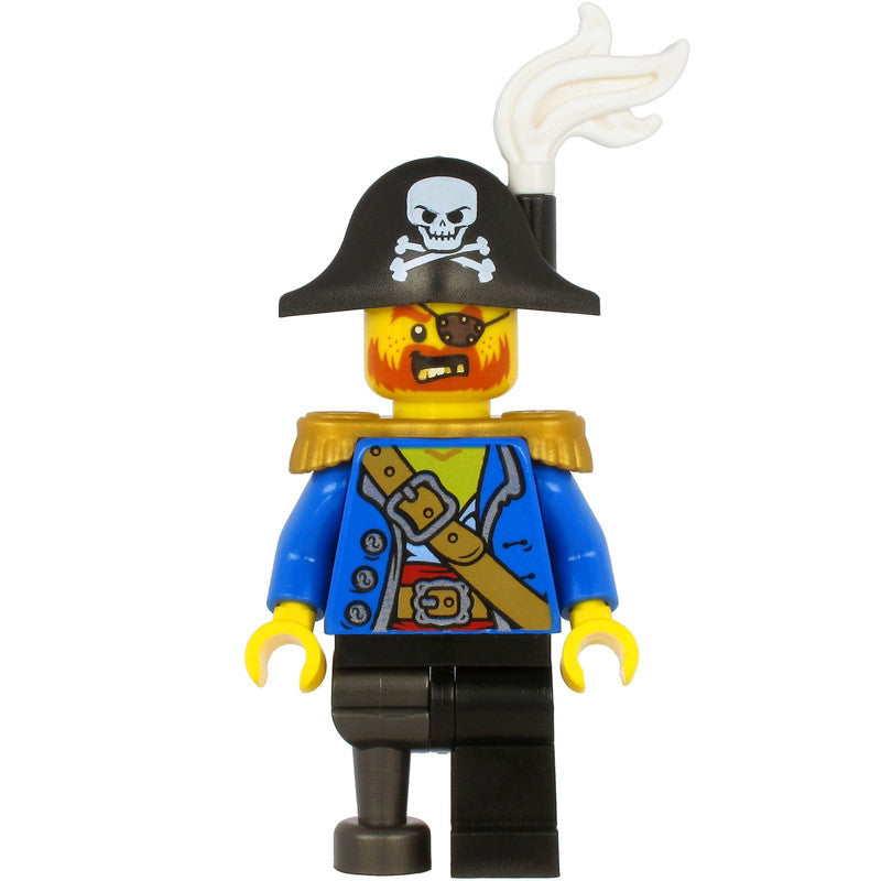 Minifig pi185 - Pirate Captain - Bicorne Hat with Skull and White Plume, Pearl Gold Epaulettes, Blue Open Coat, Black Leg and Pearl Dark Gray Peg Leg