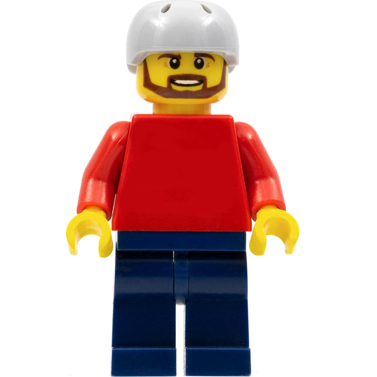 Minifig pln175 - Plain Red Torso with Red Arms, Dark Blue Legs, Sports Helmet and Brown Beard