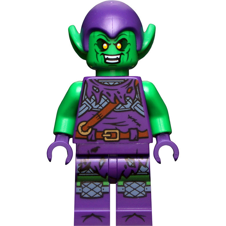 Minifig sh0695 - Green Goblin - Bright Green Skin, Dark Purple Outfit, Small Yellow Eyes, Printed Legs